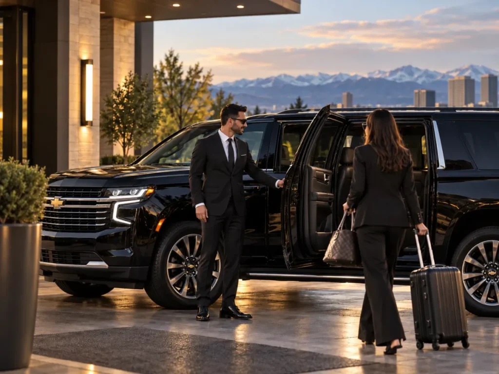 Chauffeur opening a black Chevrolet SUV door for a traveler with luggage