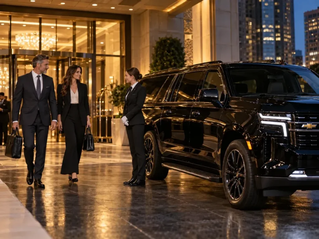Chauffeur greeting business travelers beside a black SUV outside a hotel