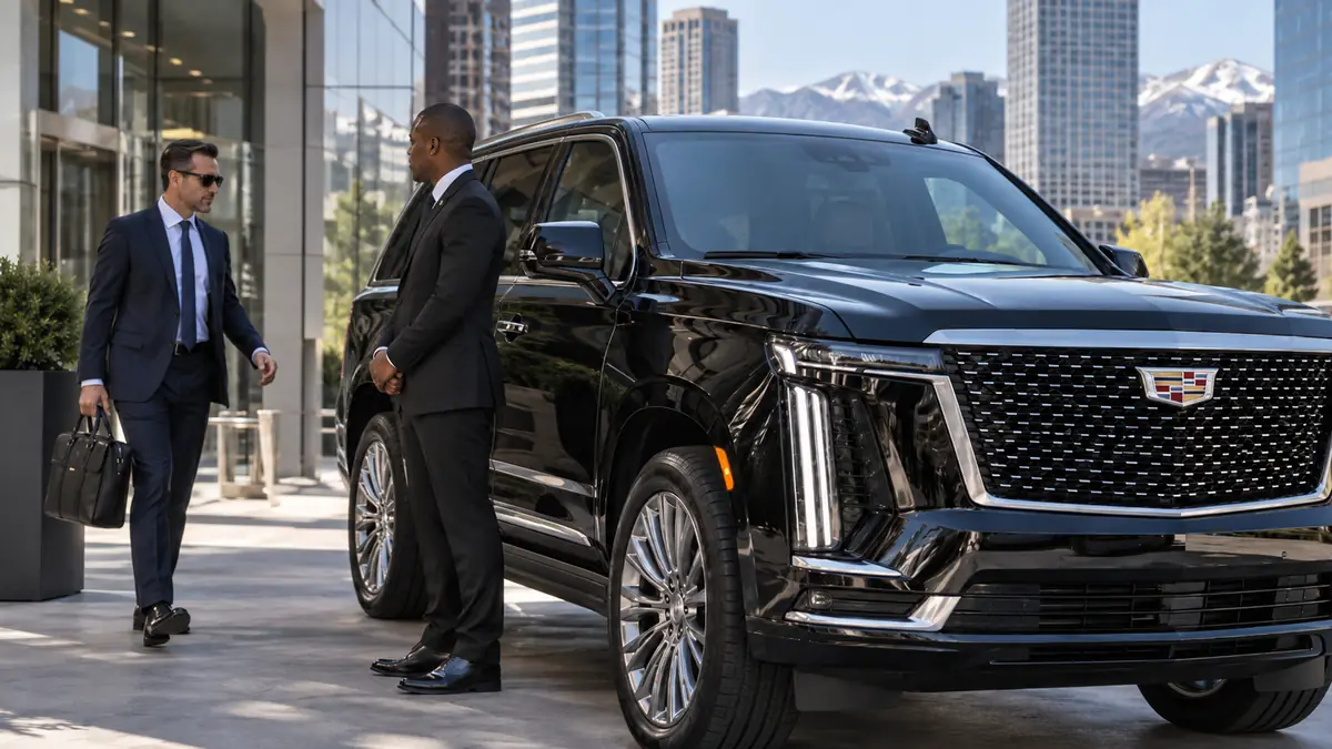 Business traveler meeting a chauffeur beside a black Cadillac Escalade outside an office building