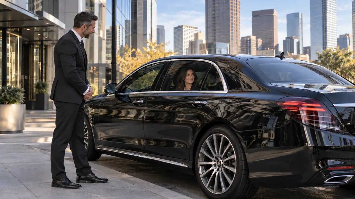 Chauffeur beside a black sedan with a passenger outside a city office building
