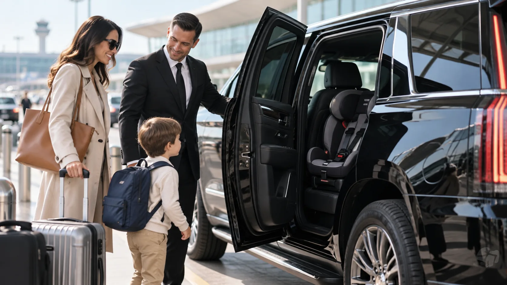 Chauffeur welcoming a parent and child beside an SUV with a child seat
