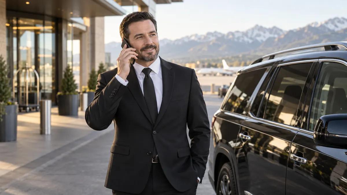 Professional chauffeur speaking on a mobile phone beside a parked black SUV