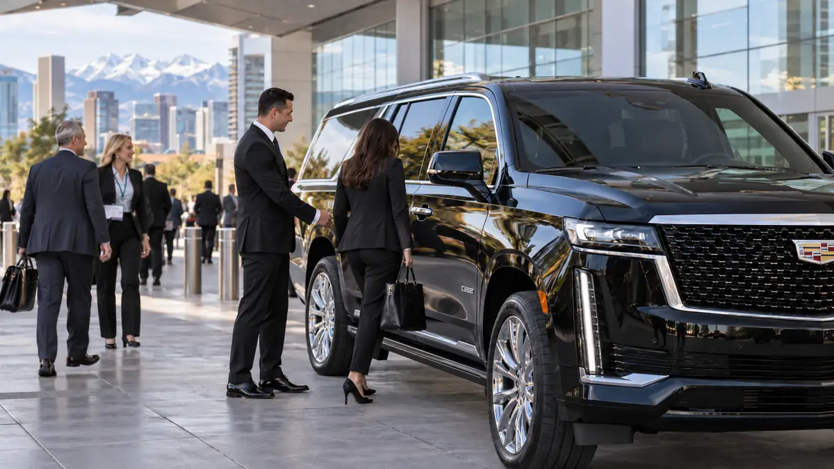Conference attendees approaching a black Cadillac Escalade with a chauffeur