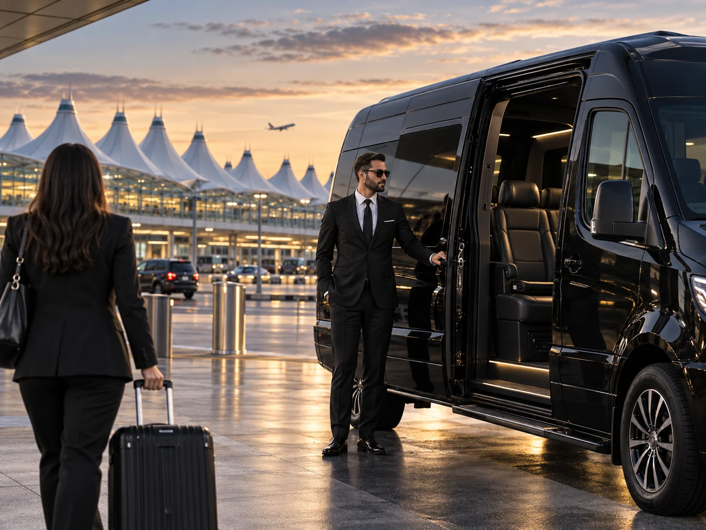 Chauffeur welcoming a traveler beside a black passenger van at an airport terminal