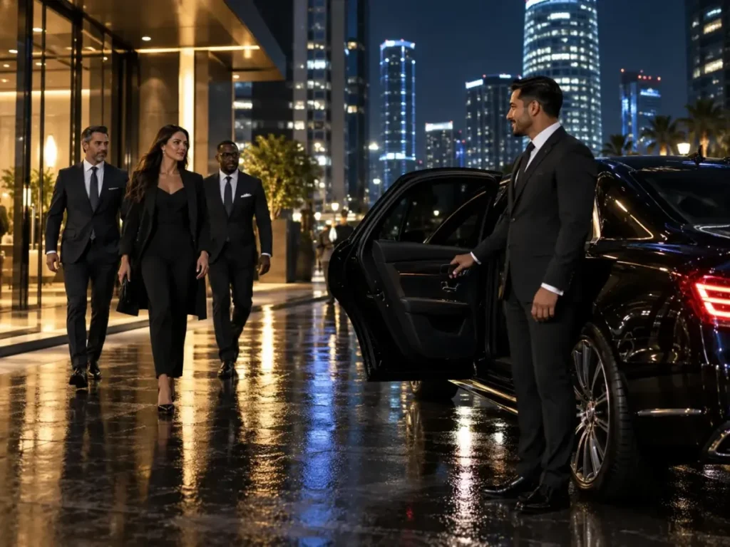 Chauffeur beside a black luxury car welcoming business travelers at a hotel