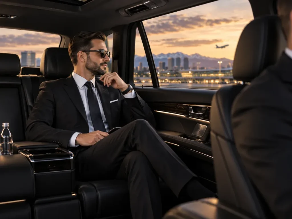 Business traveler seated in the rear of a chauffeur-driven luxury vehicle