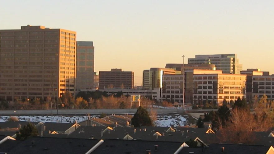 Denver Tech Center skyline near Greenwood Village at sunset