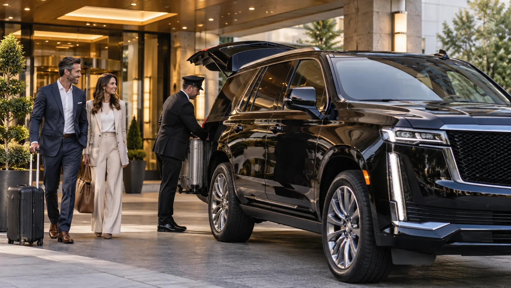Chauffeur loading luggage into a black SUV outside a hotel