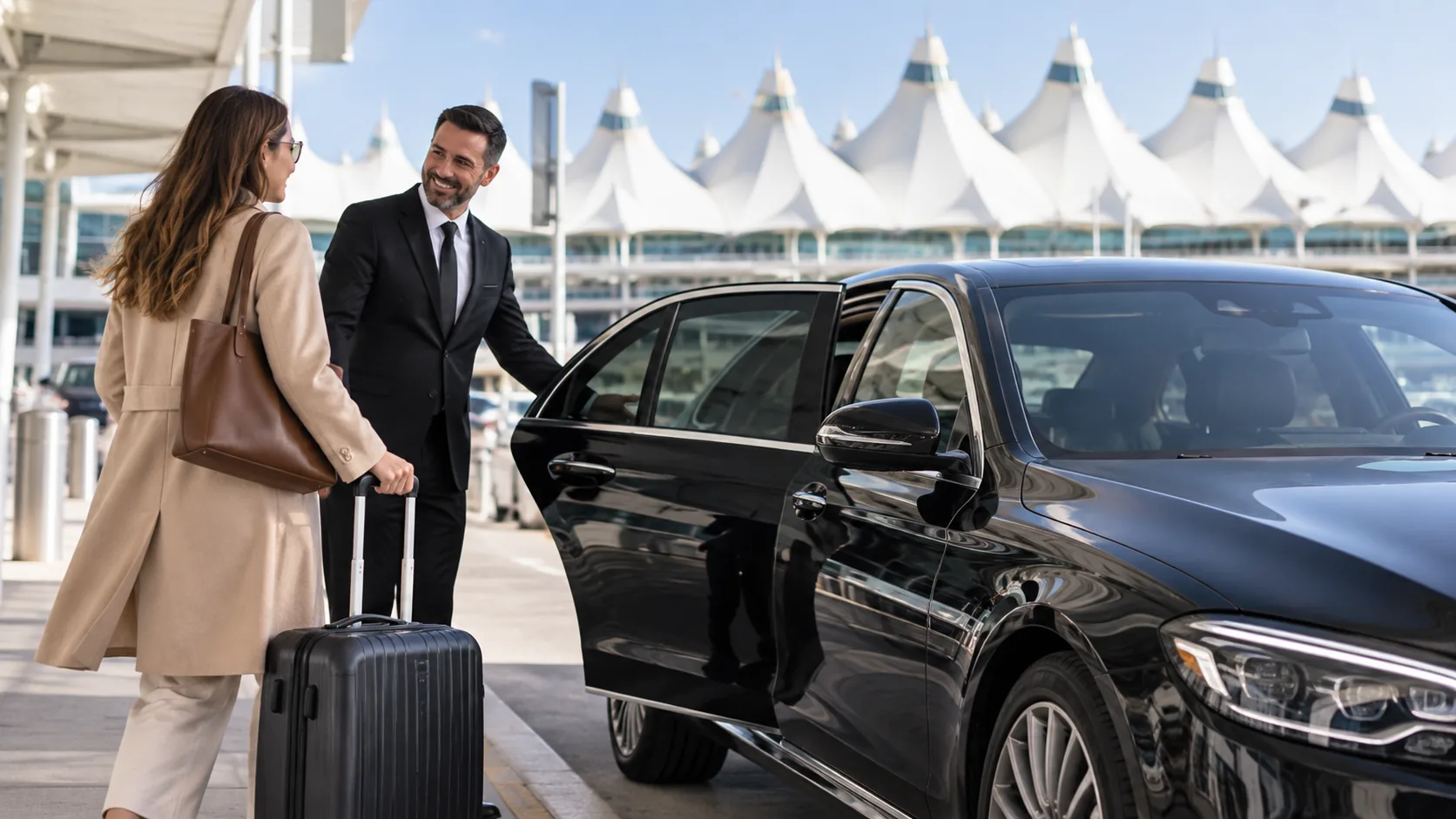 Chauffeur welcoming a traveler beside a black sedan at the airport