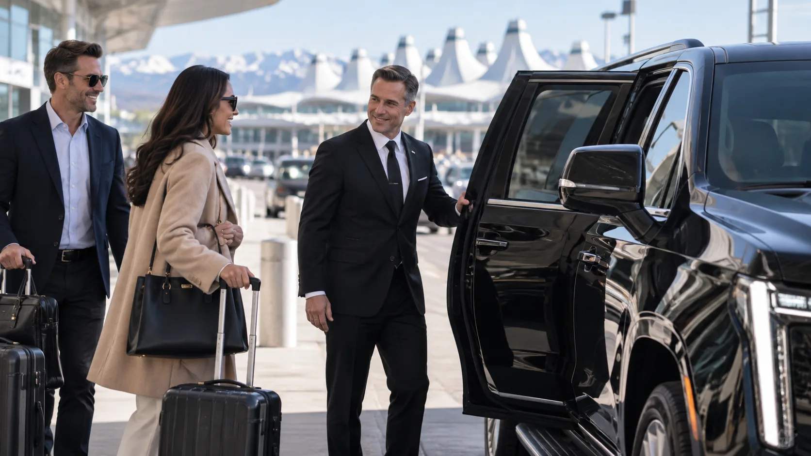 Chauffeur greeting two travelers beside a black SUV at the airport