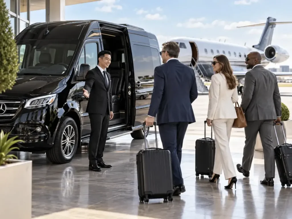 Chauffeur welcoming a group with luggage beside a black Sprinter van at an airport