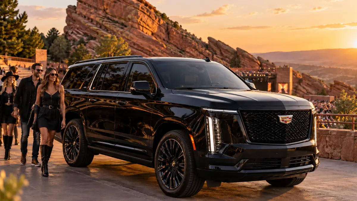 Concert guests walking beside a black Cadillac Escalade with red rock formations behind them
