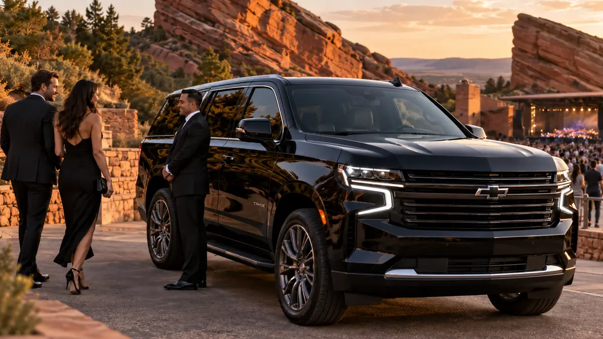 Chauffeur welcoming concert guests beside a black SUV near an outdoor amphitheatre