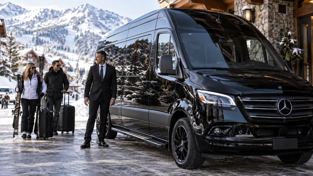 Chauffeur and travelers with skis beside a black Sprinter van at a mountain lodge