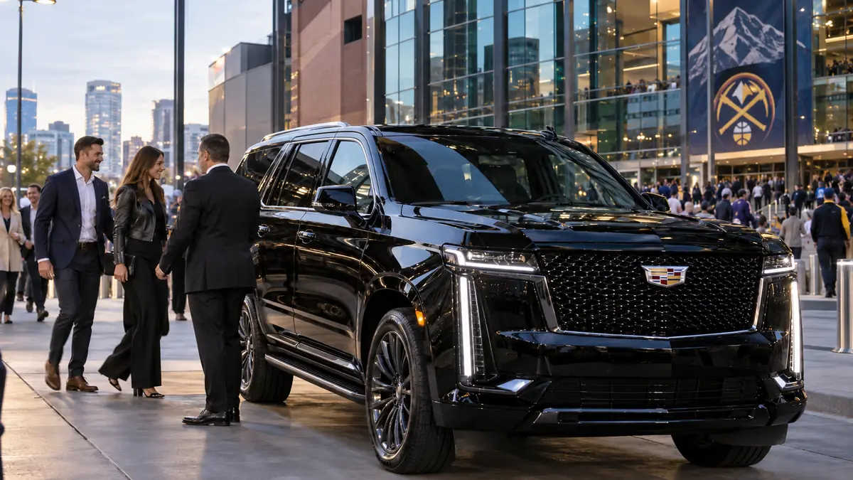 Chauffeur greeting event guests beside a black Cadillac Escalade outside an arena
