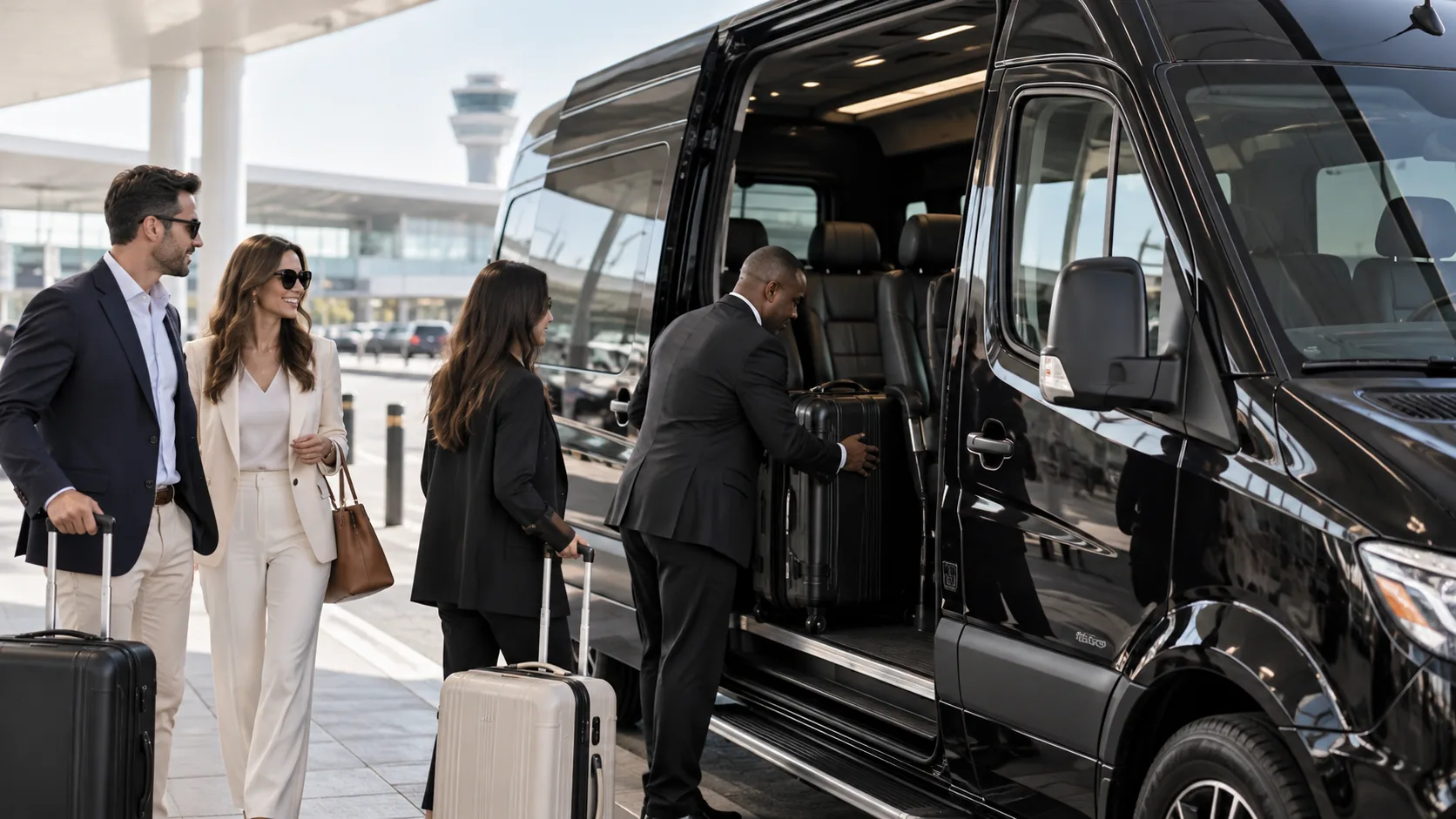 Chauffeur loading luggage into a black Sprinter van for a group transfer