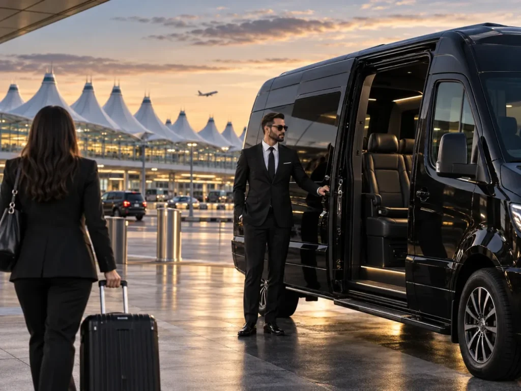 Chauffeur greeting a traveler beside a black passenger van at an airport terminal
