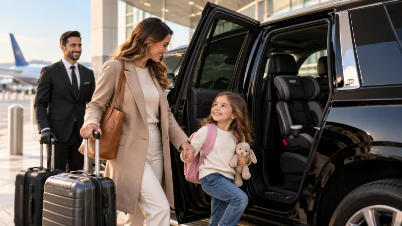 Parent and child beside a black SUV equipped with a child seat