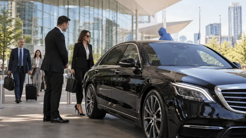 Chauffeur welcoming a business traveler beside a black sedan outside a conference venue