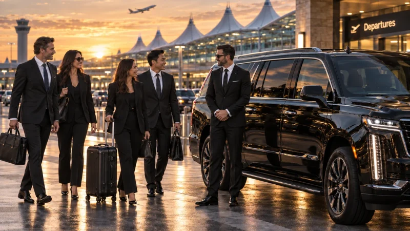 Business travelers with luggage meeting a chauffeur beside a closed black SUV at the airport