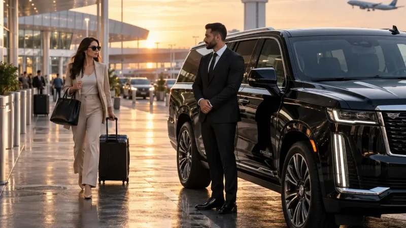 Chauffeur welcoming a traveler beside a black SUV at an airport terminal