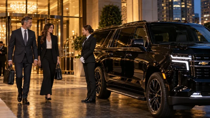 Chauffeur greeting hotel guests with luggage beside a closed black SUV