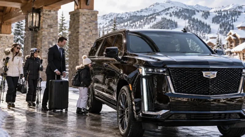 Family with skis and luggage beside a closed black SUV at a snowy mountain lodge
