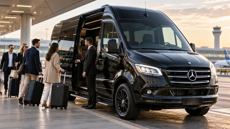 Travelers with luggage boarding a black Sprinter van with a chauffeur