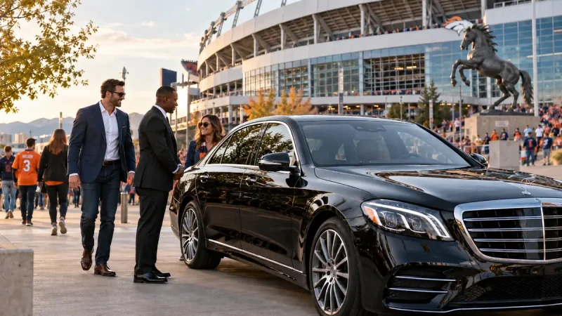 Chauffeur greeting sports fans beside a closed black sedan outside a stadium